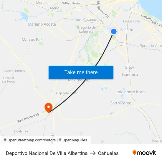 Deportivo Nacional De Villa Albertina to Cañuelas map