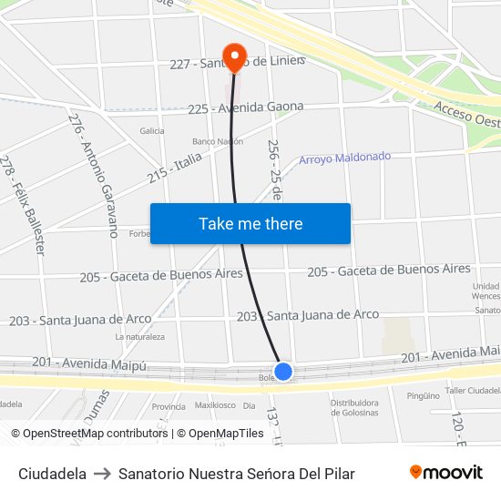 Ciudadela to Sanatorio Nuestra Seńora Del Pilar map