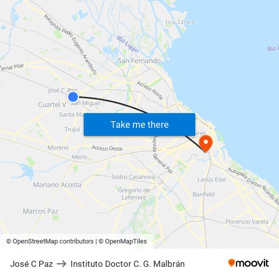José C Paz to Instituto Doctor C. G. Malbrán map