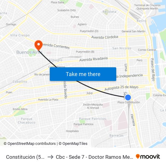 Constitución (59) to Cbc - Sede 7 - Doctor Ramos Mejía map
