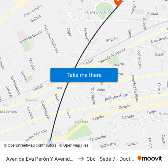 Avenida Eva Perón Y Avenida Carabobo (97 - 103) to Cbc - Sede 7 - Doctor Ramos Mejía map