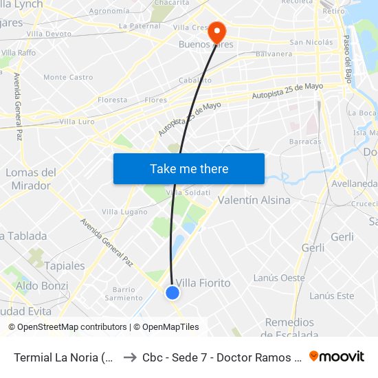 Termial La Noria (117) to Cbc - Sede 7 - Doctor Ramos Mejía map