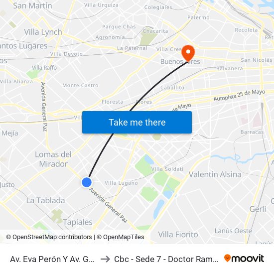 Av. Eva Perón Y Av. Gral. Paz to Cbc - Sede 7 - Doctor Ramos Mejía map