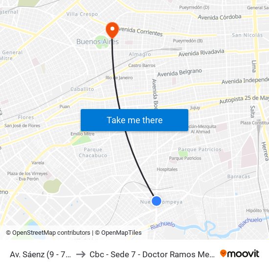 Av. Sáenz (9 - 75) to Cbc - Sede 7 - Doctor Ramos Mejía map