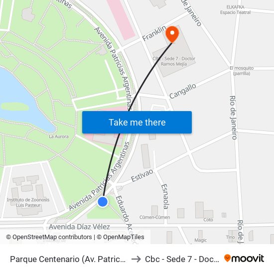 Parque Centenario (Av. Patricias Argentinas Y Estivao) to Cbc - Sede 7 - Doctor Ramos Mejía map