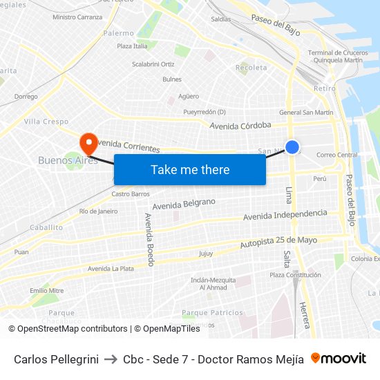 Carlos Pellegrini to Cbc - Sede 7 - Doctor Ramos Mejía map