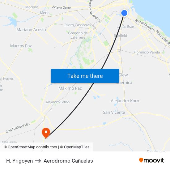 H. Yrigoyen to Aerodromo Cañuelas map