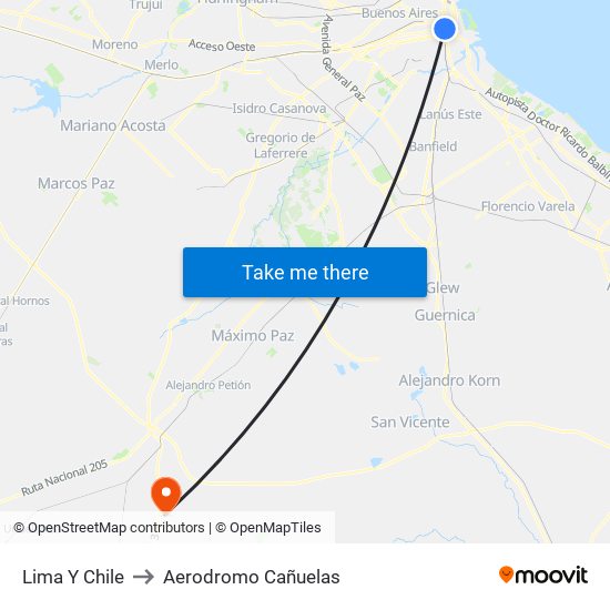 Lima Y Chile to Aerodromo Cañuelas map