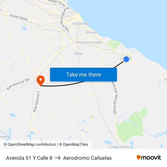 Avenida 51 Y Calle 8 to Aerodromo Cañuelas map