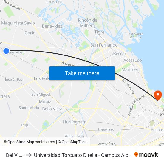 Del Viso to Universidad Torcuato Ditella - Campus Alcorta map