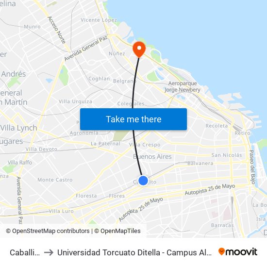 Caballito to Universidad Torcuato Ditella - Campus Alcorta map