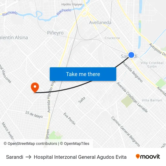 Sarandi to Hospital Interzonal General Agudos Evita map