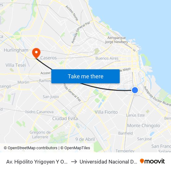 Av. Hipólito Yrigoyen Y Obreros De La Negra to Universidad Nacional De Tres De Febrero map