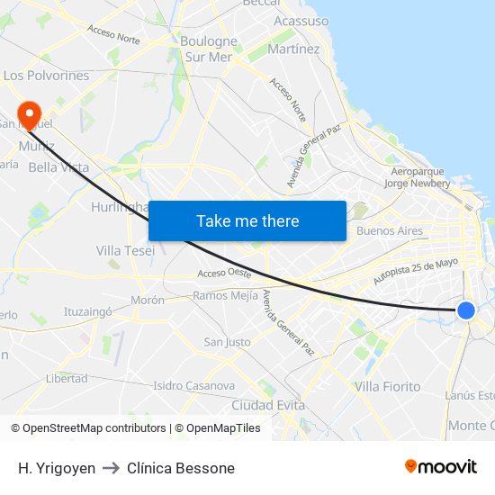 H. Yrigoyen to Clínica Bessone map