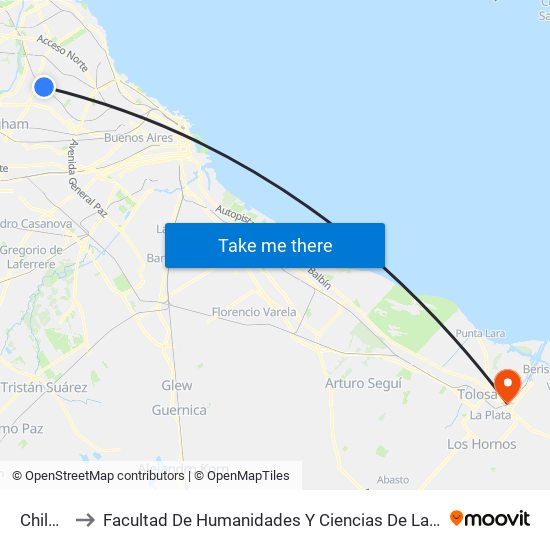 Chilavert to Facultad De  Humanidades Y Ciencias De La Educación (Fahce) map