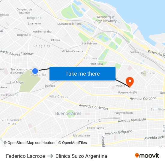 Federico Lacroze to Clinica Suizo Argentina map