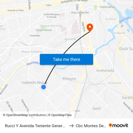 Rucci Y Avenida Teniente General Perón to Cbc Montes De Oca map