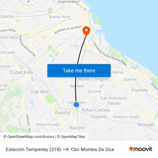 Estación Temperley (318) to Cbc Montes De Oca map
