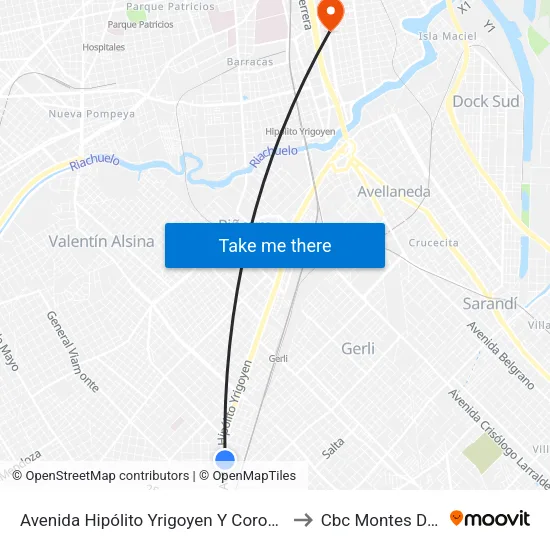 Avenida Hipólito Yrigoyen Y Coronel Ramos to Cbc Montes De Oca map