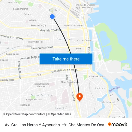 Av. Gral Las Heras Y Ayacucho to Cbc Montes De Oca map