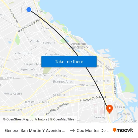 General San Martín Y Avenida Maipú to Cbc Montes De Oca map