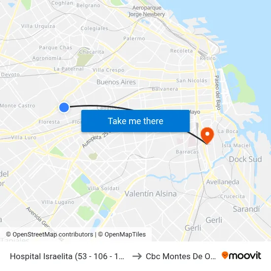 Hospital Israelita (53 - 106 - 181) to Cbc Montes De Oca map
