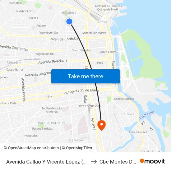 Avenida Callao Y Vicente López (102 - 110) to Cbc Montes De Oca map