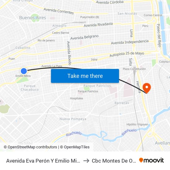 Avenida Eva Perón Y Emilio Mitre to Cbc Montes De Oca map