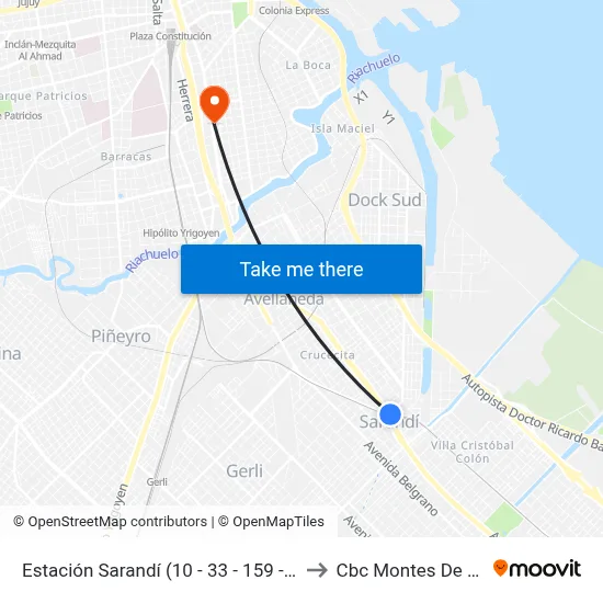 Estación Sarandí (10 - 33 - 159 - 197) to Cbc Montes De Oca map