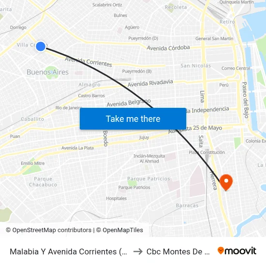 Malabia Y Avenida Corrientes (110) to Cbc Montes De Oca map