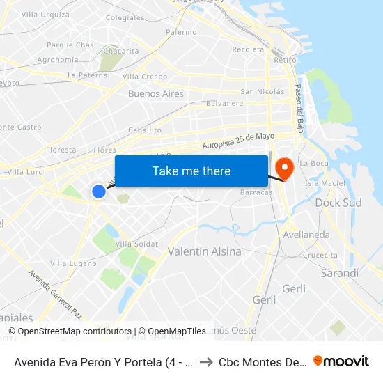 Avenida Eva Perón Y Portela (4 - 7 - 145) to Cbc Montes De Oca map