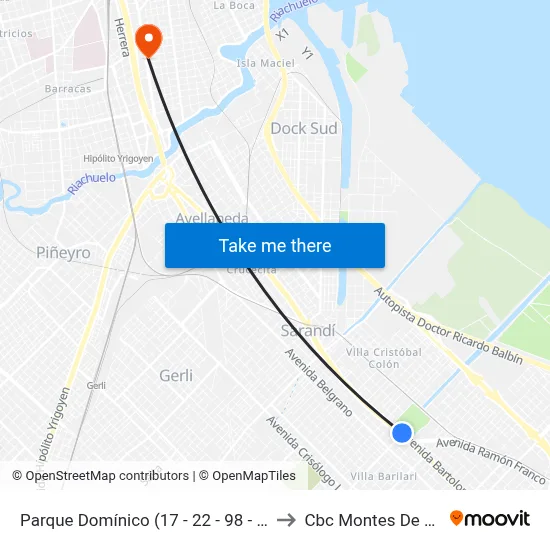 Parque Domínico (17 - 22 - 98 - 197) to Cbc Montes De Oca map