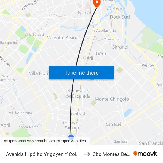 Avenida Hipólito Yrigoyen Y Colombres to Cbc Montes De Oca map
