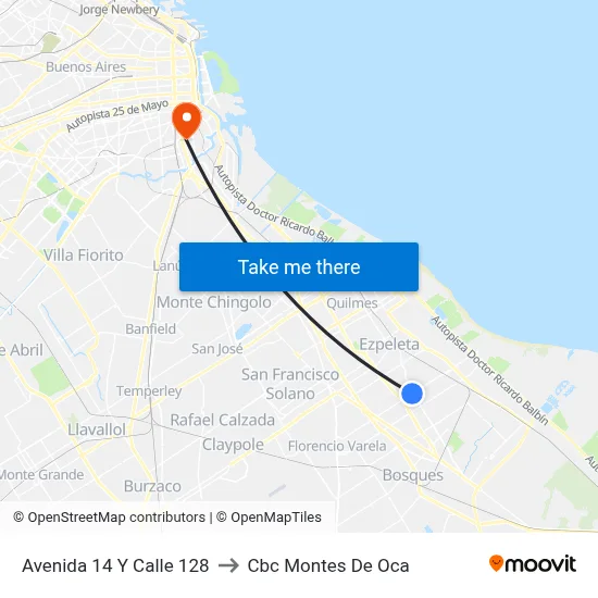 Avenida 14 Y Calle 128 to Cbc Montes De Oca map