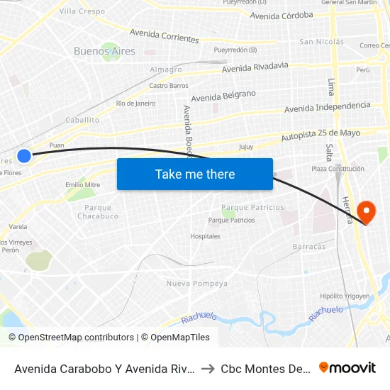 Avenida Carabobo Y Avenida Rivadavia to Cbc Montes De Oca map