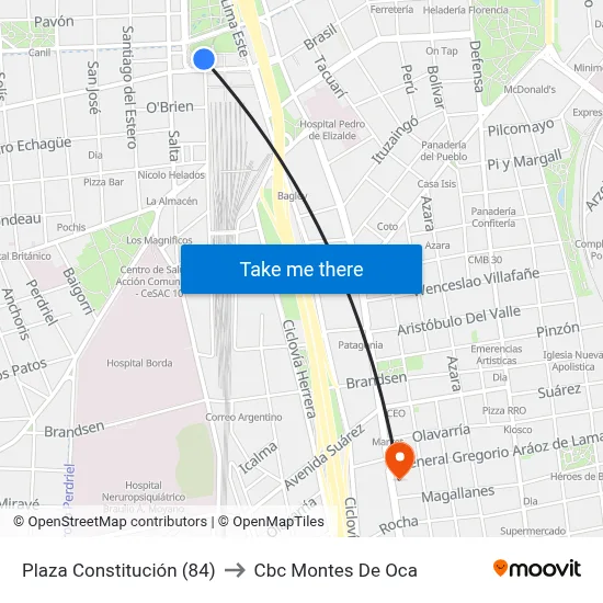 Plaza Constitución (84) to Cbc Montes De Oca map