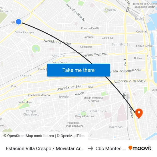 Estación Villa Crespo / Movistar Arena (19 - 65 - 71) to Cbc Montes De Oca map