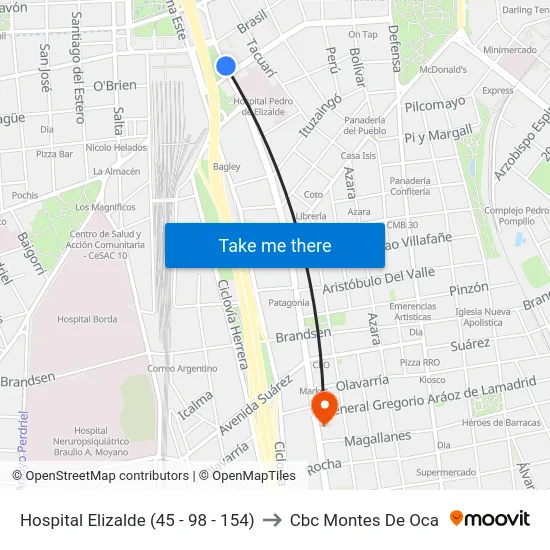 Hospital Elizalde (45 - 98 - 154) to Cbc Montes De Oca map