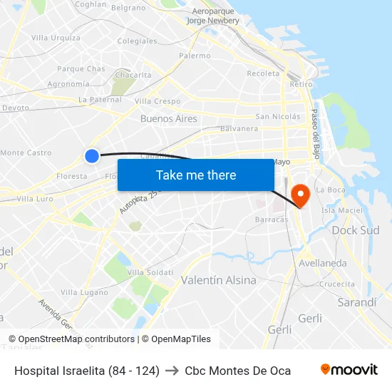 Hospital Israelita (84 - 124) to Cbc Montes De Oca map