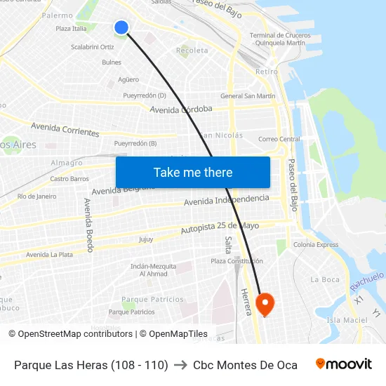 Parque Las Heras (108 - 110) to Cbc Montes De Oca map