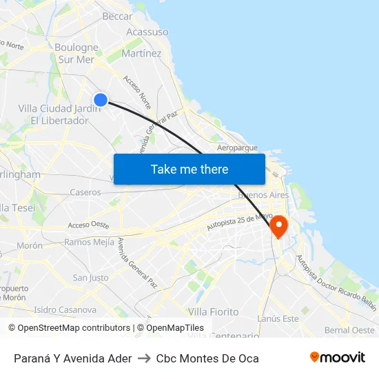 Paraná Y Avenida Ader to Cbc Montes De Oca map