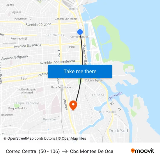 Correo Central (50 - 106) to Cbc Montes De Oca map