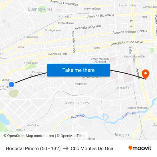 Hospital Piñero (50 - 132) to Cbc Montes De Oca map