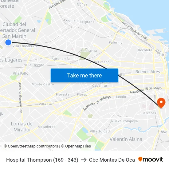 Hospital Thompson (169 - 343) to Cbc Montes De Oca map