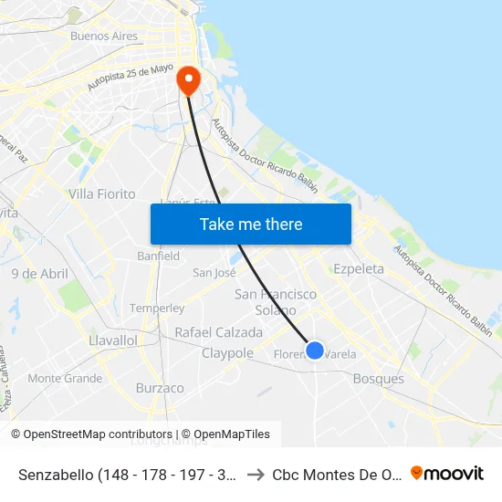 Senzabello (148 - 178 - 197 - 324) to Cbc Montes De Oca map