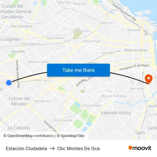 Estación Ciudadela to Cbc Montes De Oca map