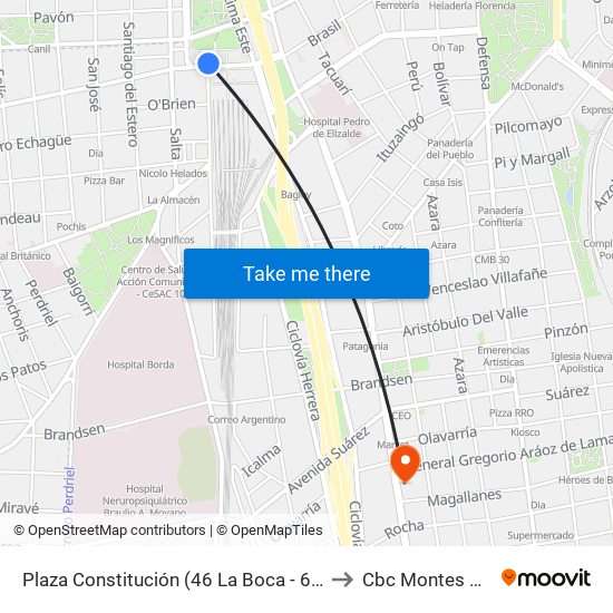 Plaza Constitución (46 La Boca - 65 - 97 Final) to Cbc Montes De Oca map