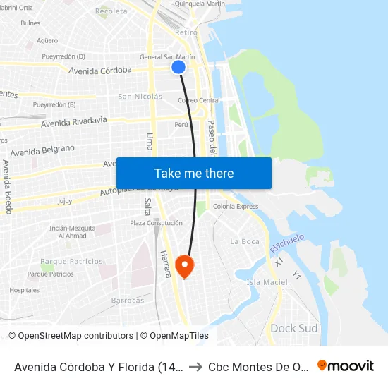 Avenida Córdoba Y Florida (140) to Cbc Montes De Oca map
