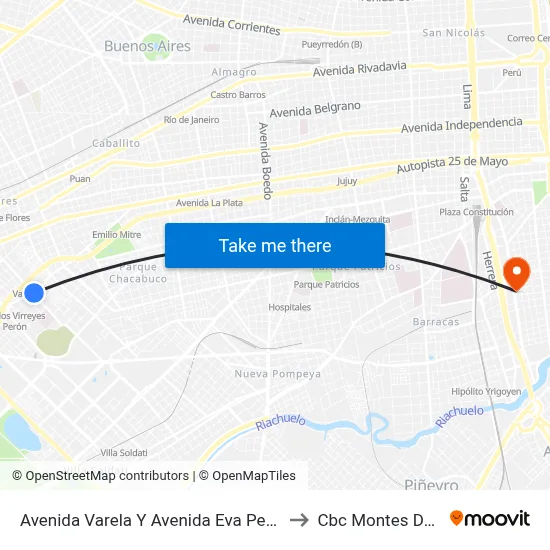 Avenida Varela Y Avenida Eva Perón (132) to Cbc Montes De Oca map