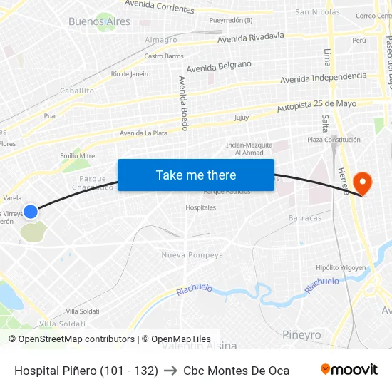 Hospital Piñero (101 - 132) to Cbc Montes De Oca map